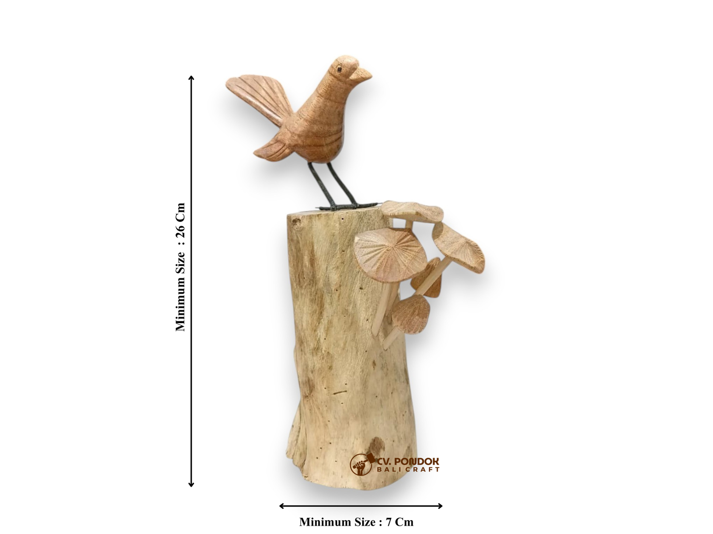 Hand Carved Wooden Bird with Mushroom Sculpture on Rootwood