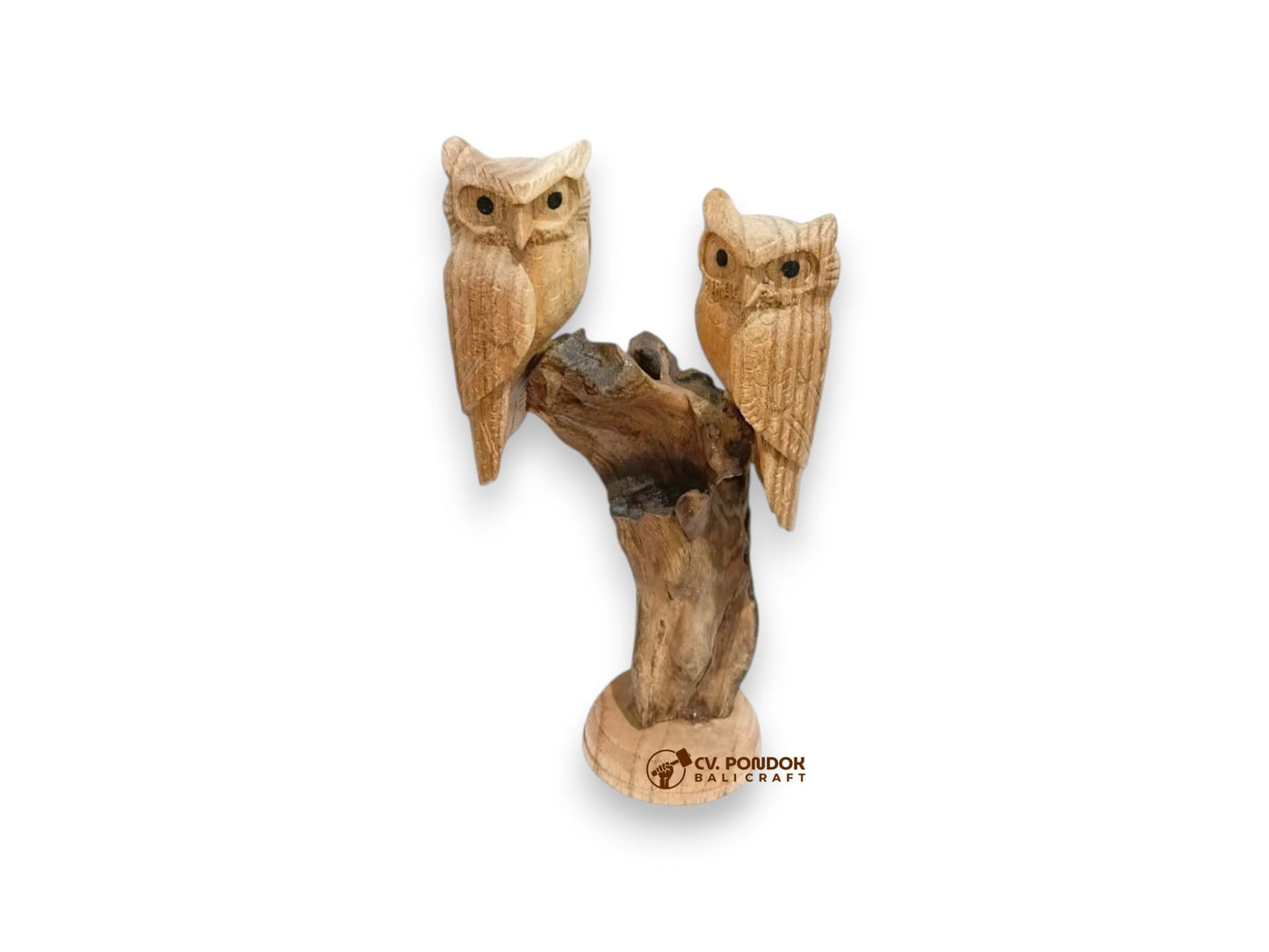 Hand carved wooden owl couple sculpture on natural driftwood base, minimum 20 cm tall