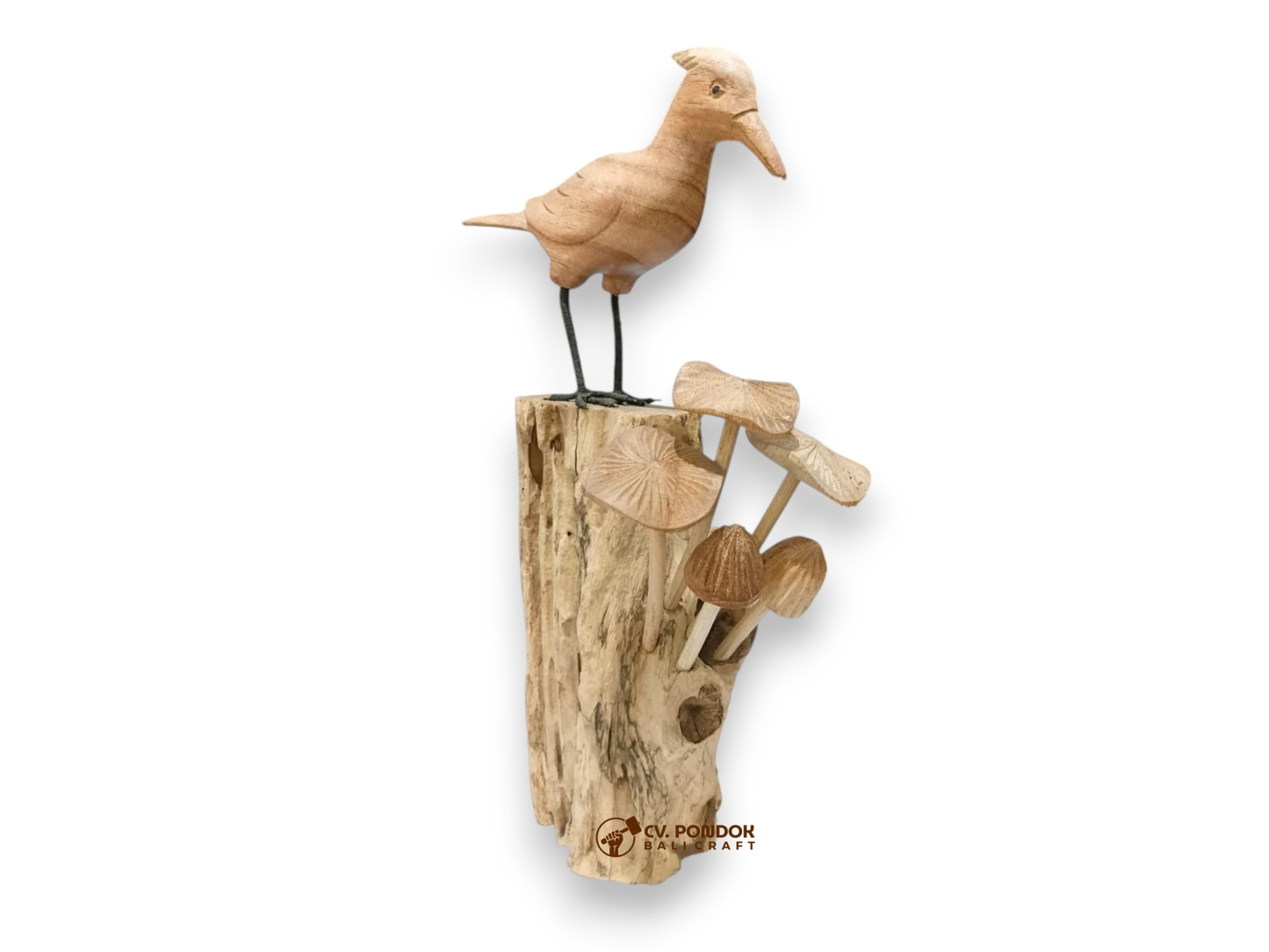 Tall hand-carved wooden woodpecker with mushrooms on rootwood, minimum 27 cm tall