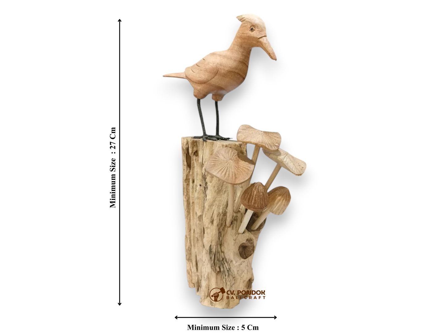 Tall Hand Carved Wooden Woodpecker with Mushroom Sculpture