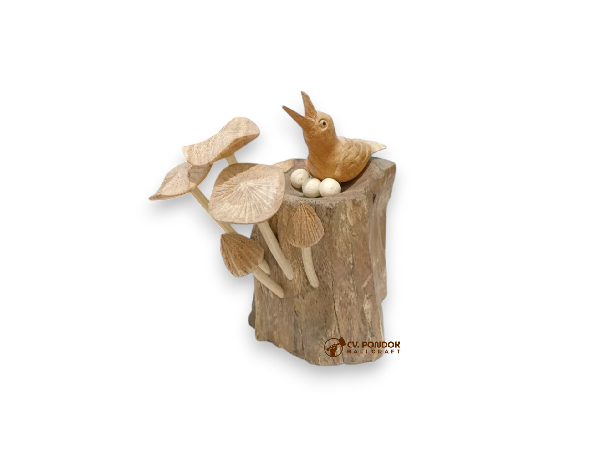 Hand-carved wooden bird with three eggs and mushrooms on rootwood, minimum 13 cm tall