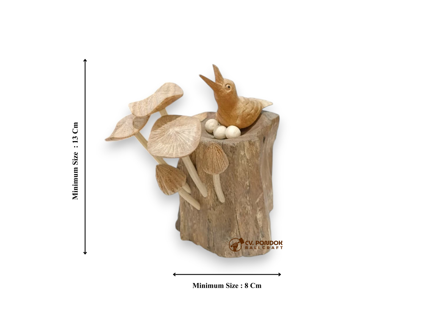 Hand Carved Wooden Bird with Three Eggs and Mushrooms