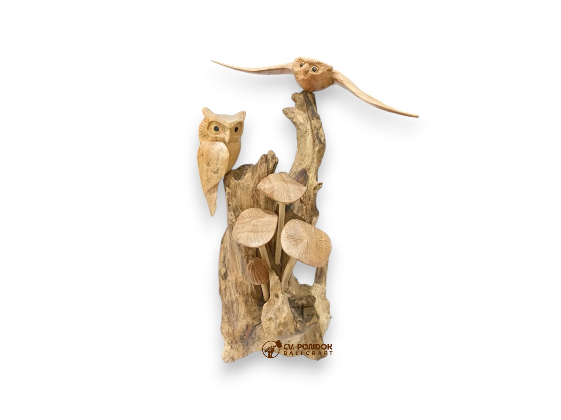 Hand-carved wooden owl pair with mushrooms on rootwood, minimum 23 cm tall