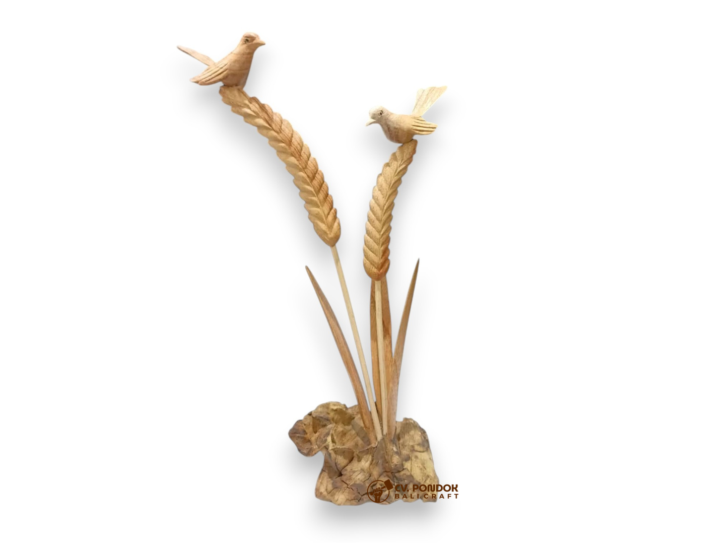 Hand-carved wooden bird couple perched on wheat stalks, minimum 30 cm tall