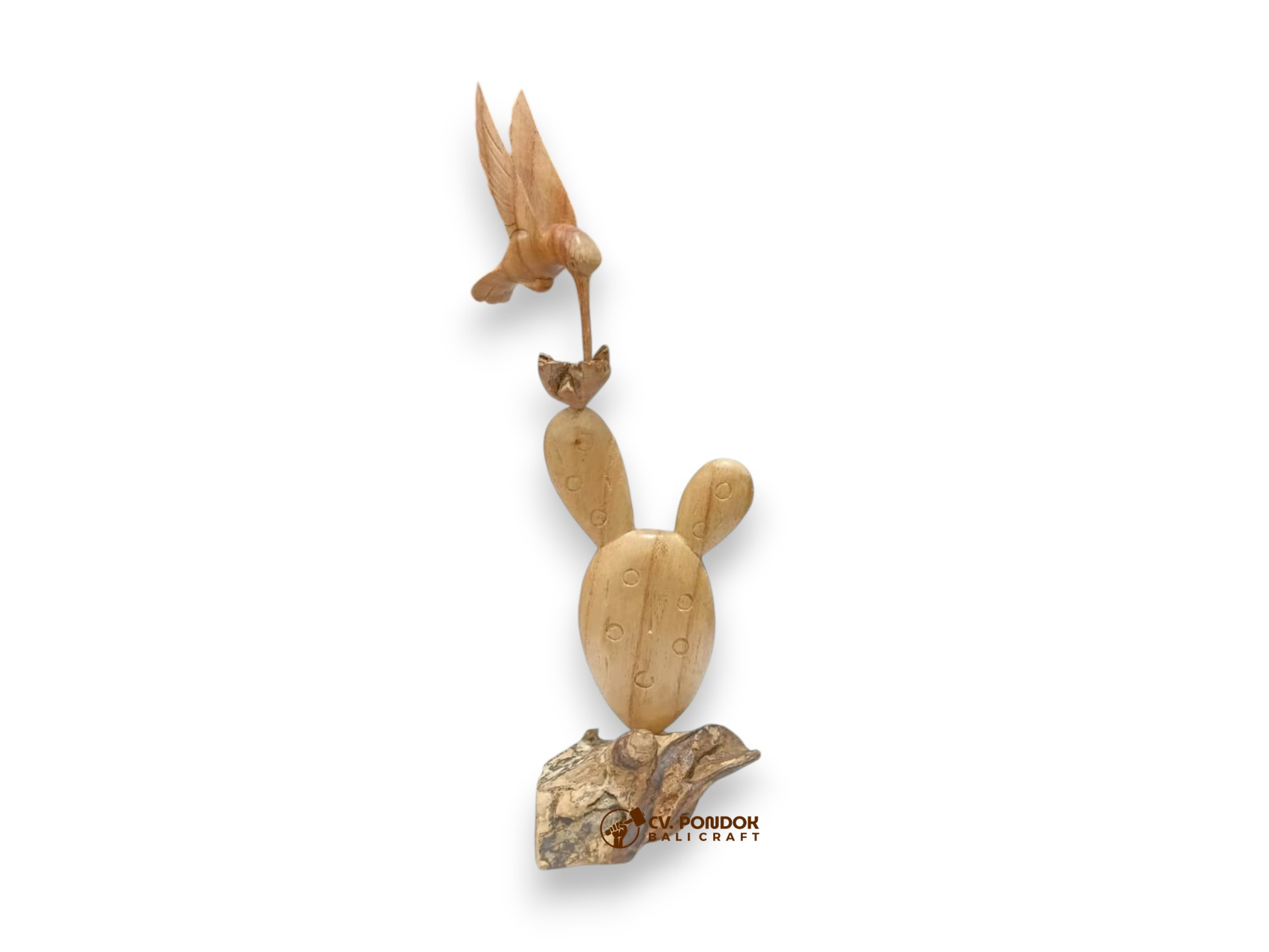 Hand-carved wooden hummingbird feeding from cactus flower, minimum 28 cm tall