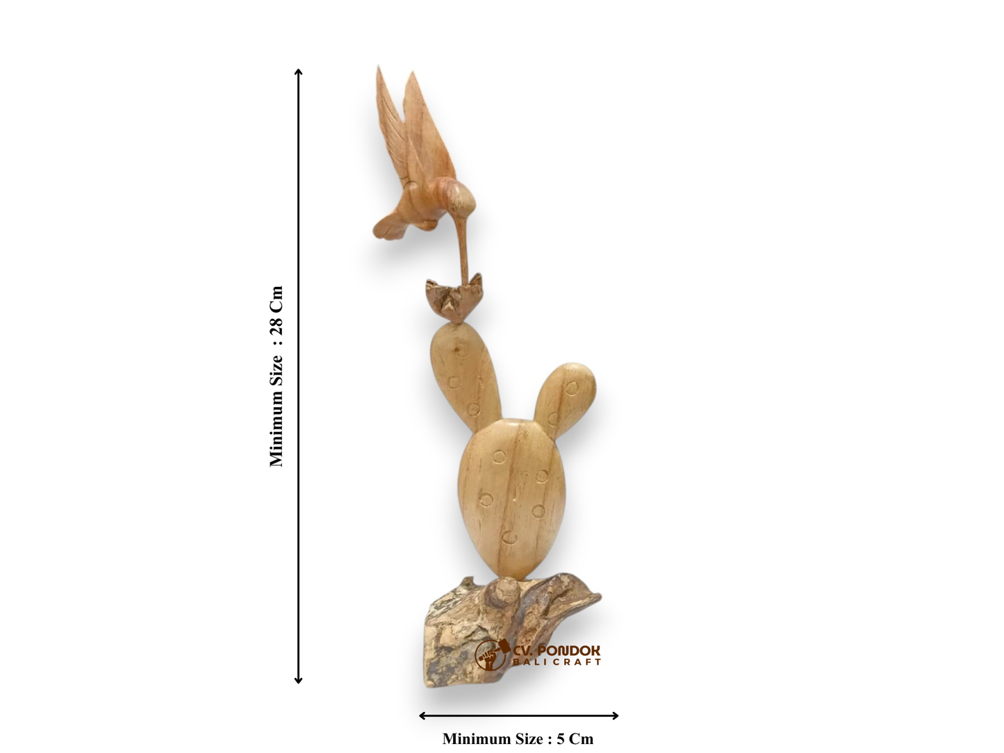 Hand Carved Wooden Hummingbird and Cactus Sculpture