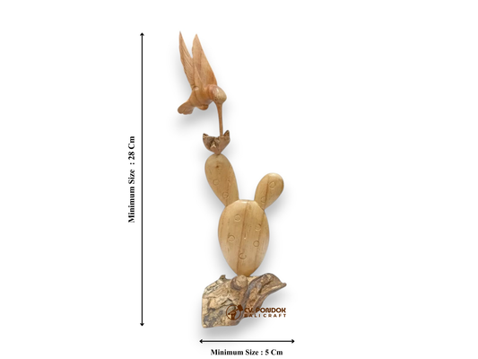 Hand Carved Wooden Hummingbird and Cactus Sculpture