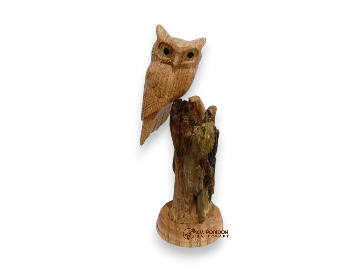 Hand-carved wooden owl sculpture on natural wood base, minimum 17 cm tall