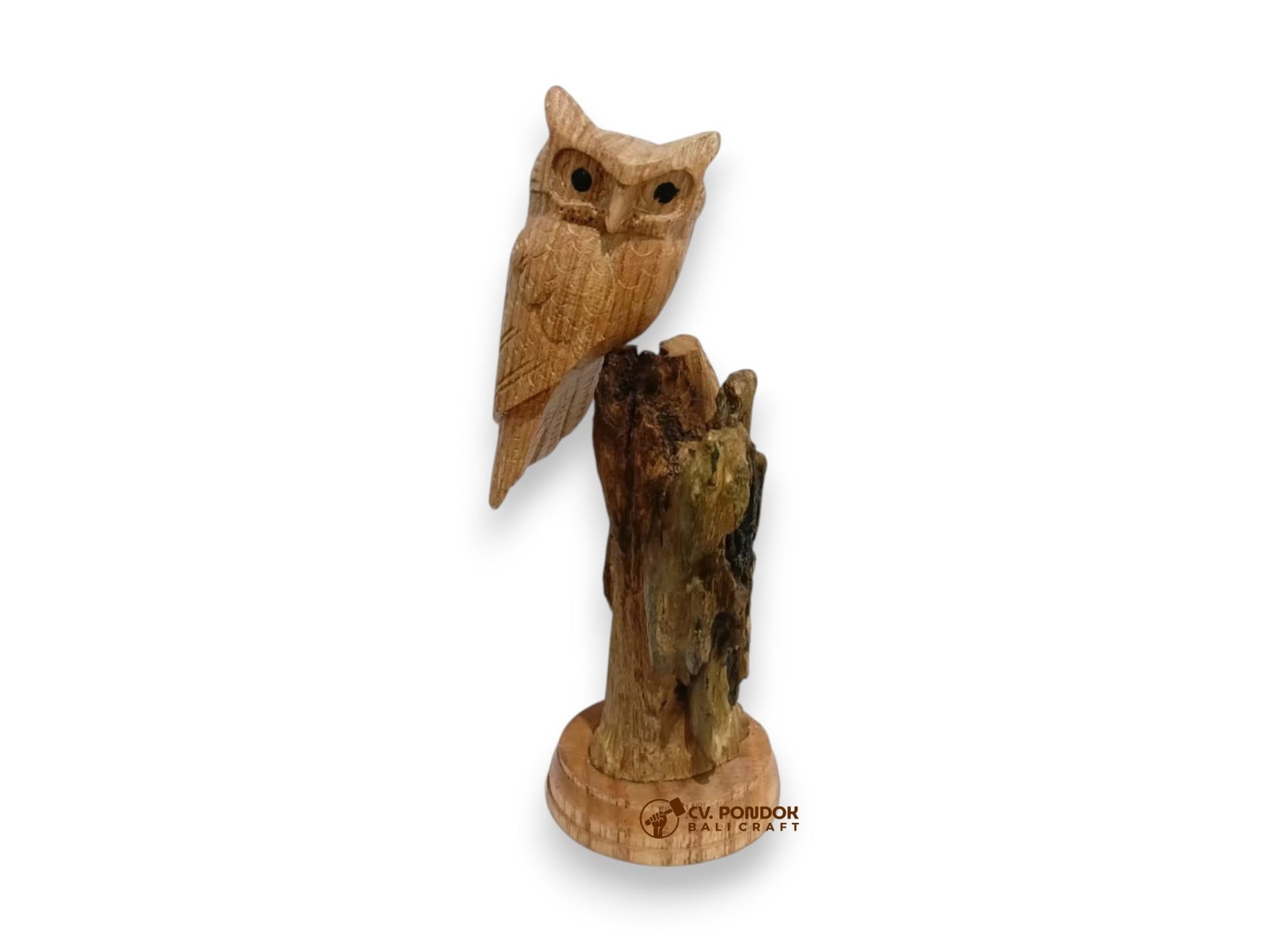 Hand-carved wooden owl sculpture on natural wood base, minimum 17 cm tall