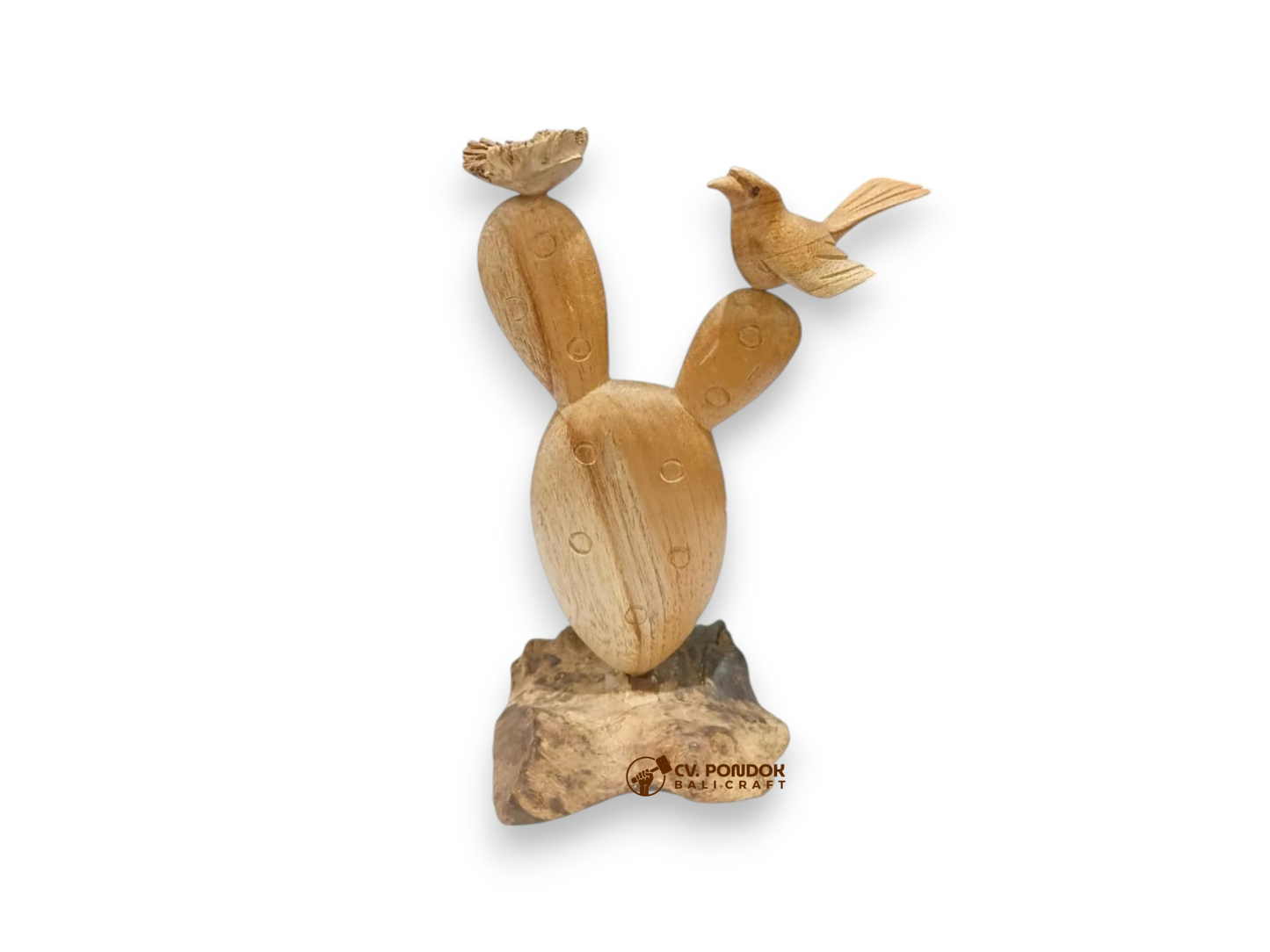 Hand-carved wooden bird perched on prickly pear cactus, minimum 19 cm tall