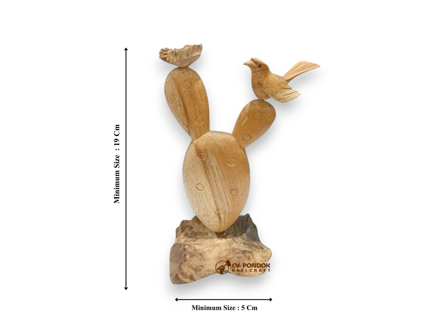 Hand Carved Wooden Bird on Prickly Pear Cactus Sculpture
