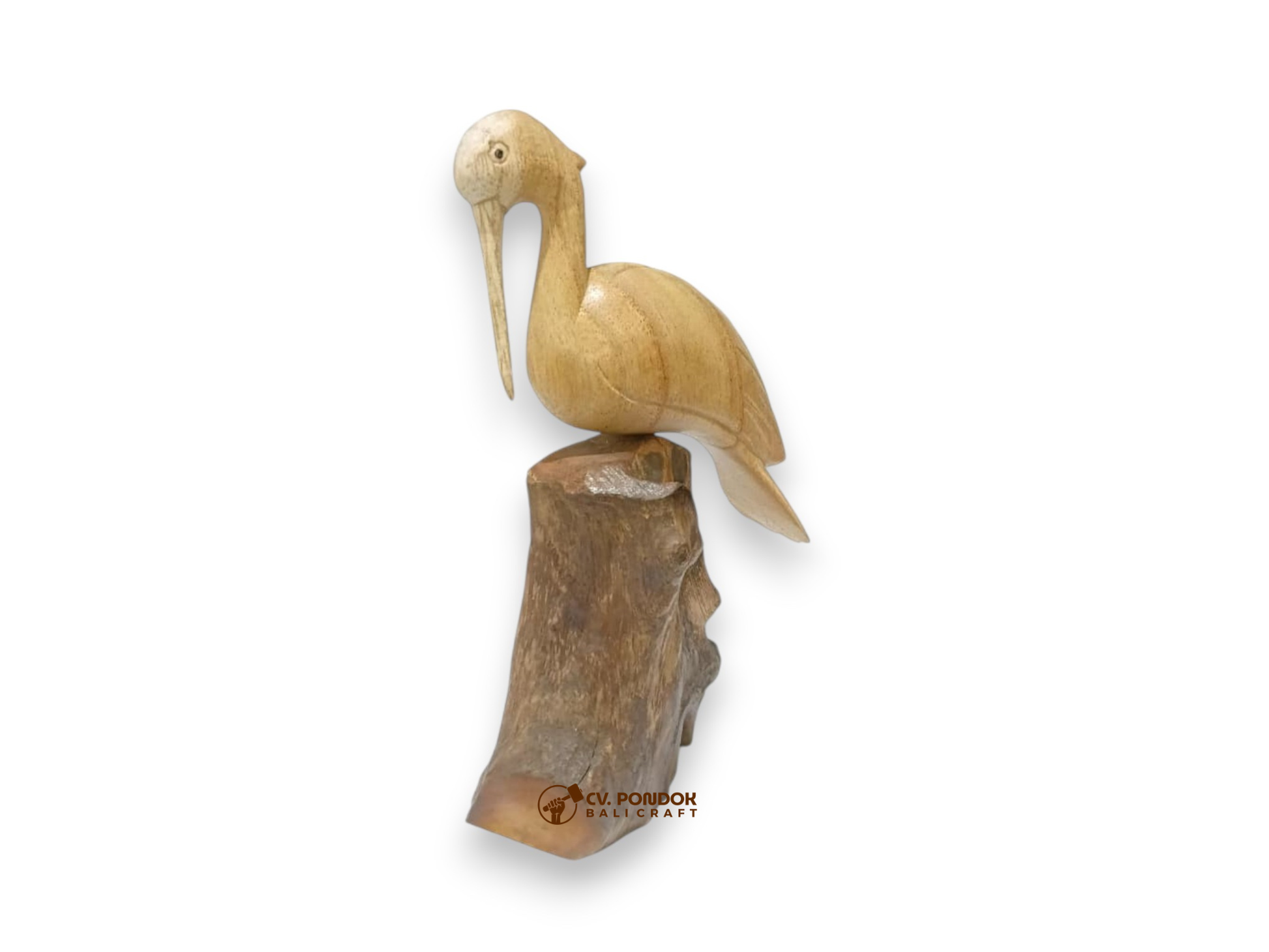Hand-carved wooden pelican sculpture on natural rootwood, minimum 18 cm tall