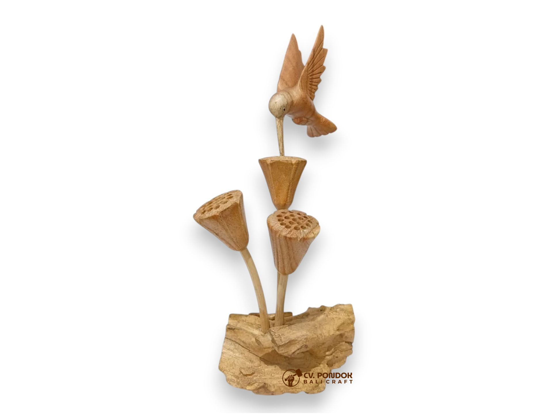 Hand-carved wooden hummingbird hovering above lotus seed pods, minimum 23 cm tall