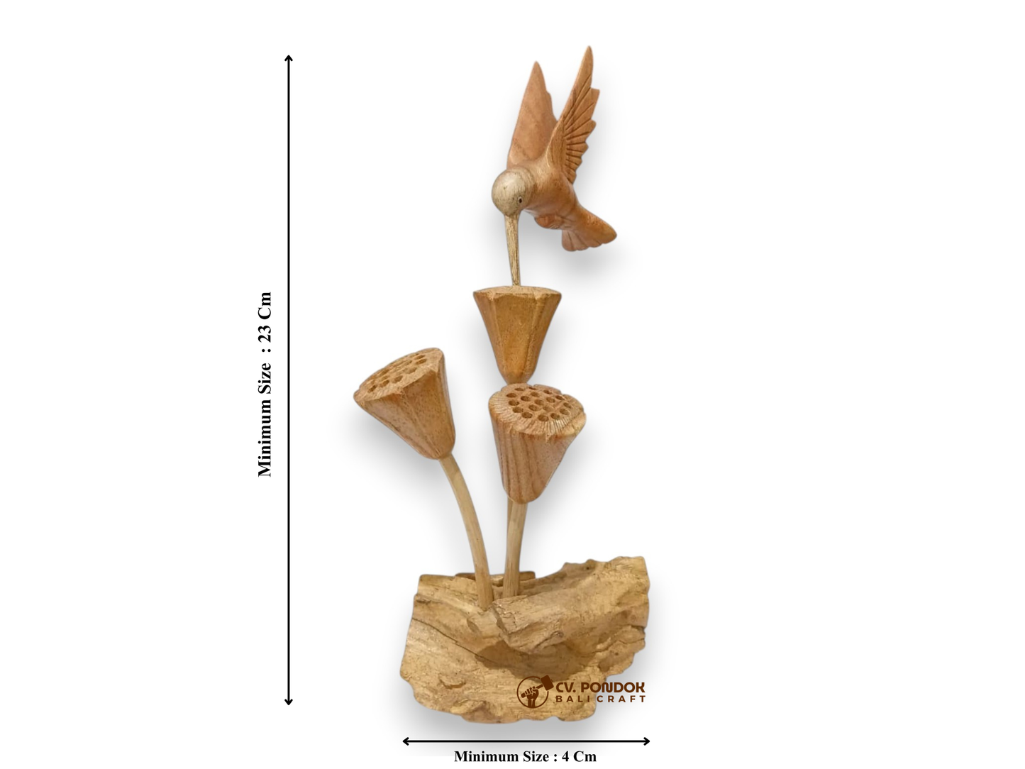 Hand Carved Wooden Hummingbird with Lotus Seed Pods Sculpture