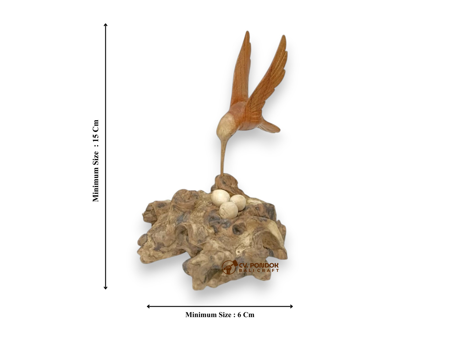 Hand Carved Wooden Hummingbird with Nest and 3 Eggs Sculpture
