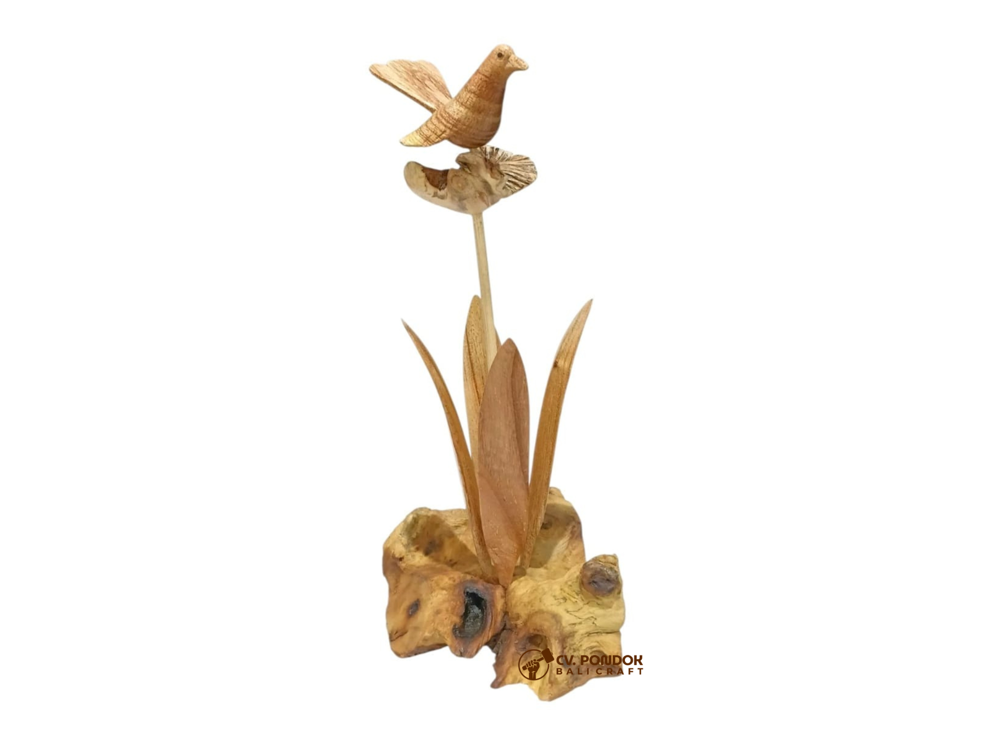 Hand-carved wooden bird perched above a lotus flower with tall leaves on a natural rootwood base