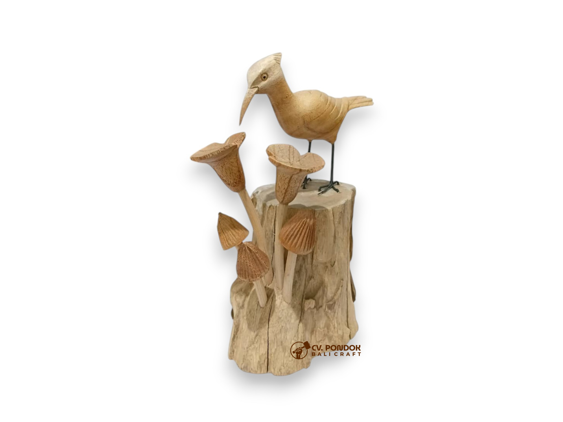 Hand-carved wooden woodpecker with mushrooms on rootwood base, minimum 18 cm tall