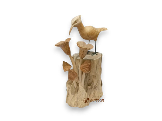 Hand-carved wooden woodpecker with mushrooms on rootwood base, minimum 18 cm tall