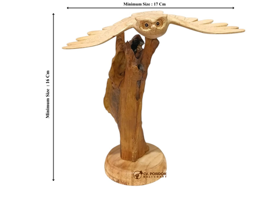 Hand Carved Wooden Flying Owl Sculpture on Natural Rootwood