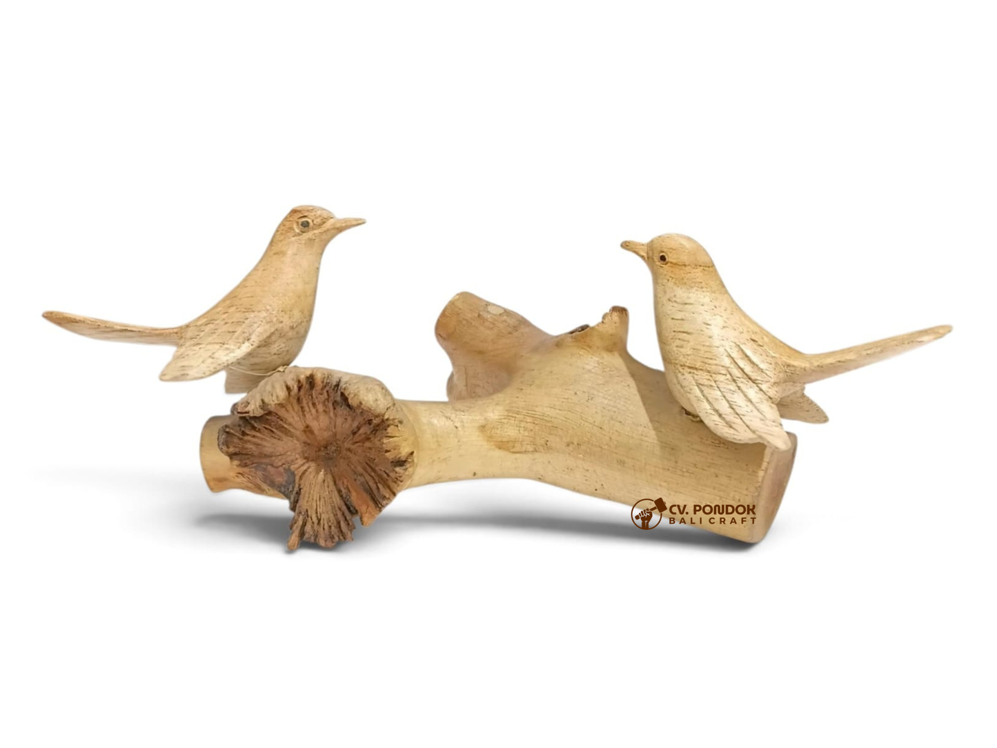 Hand-carved wooden bird couple facing each other on a natural rootwood base with a carved wooden flower