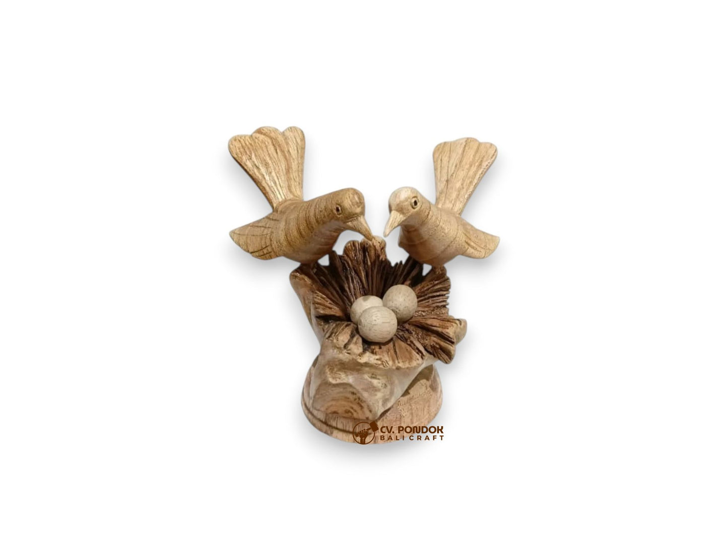 Hand-carved wooden bird couple with nest and three eggs, minimum 13 cm wide