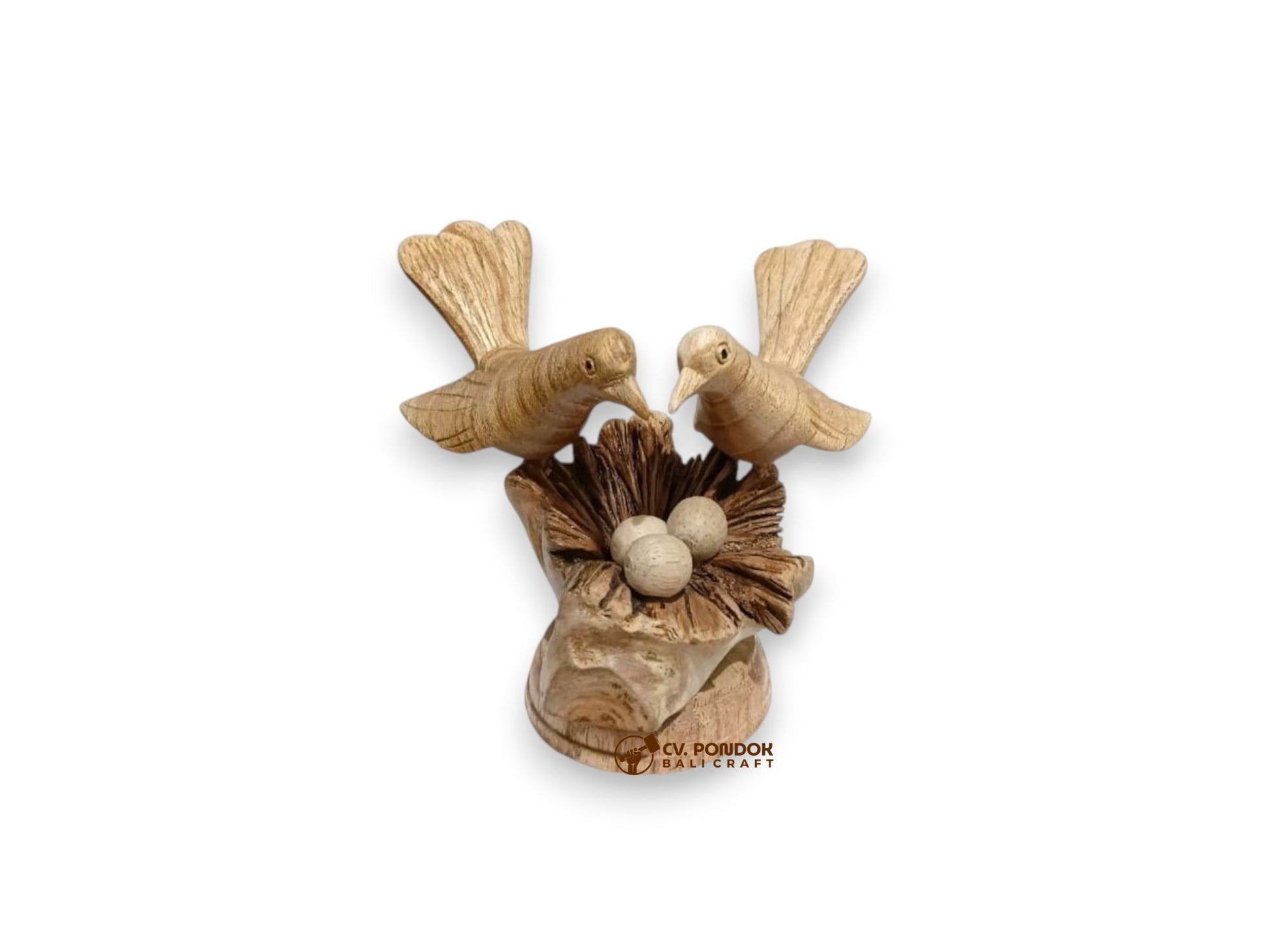 Hand-carved wooden bird couple with nest and three eggs, minimum 13 cm wide