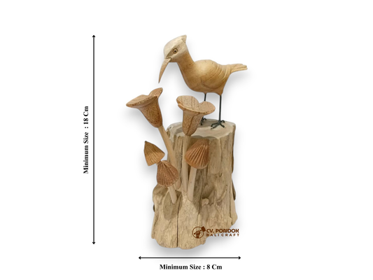 Hand Carved Wooden Woodpecker with Mushroom Sculpture