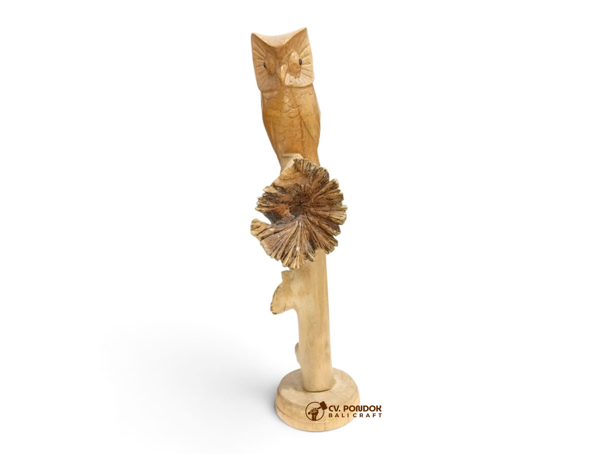 Hand-carved wooden owl perched on a vertical branch with two mushrooms and a round wooden display base