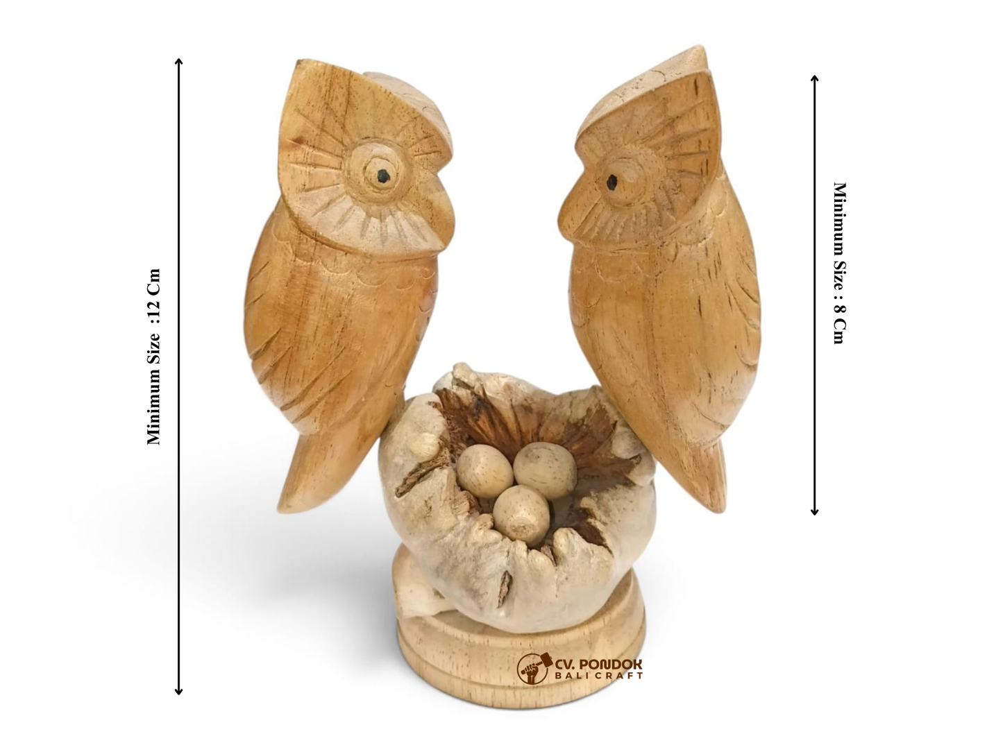 Hand Carved Wooden Owl Couple with Nest and 3 Eggs Sculpture