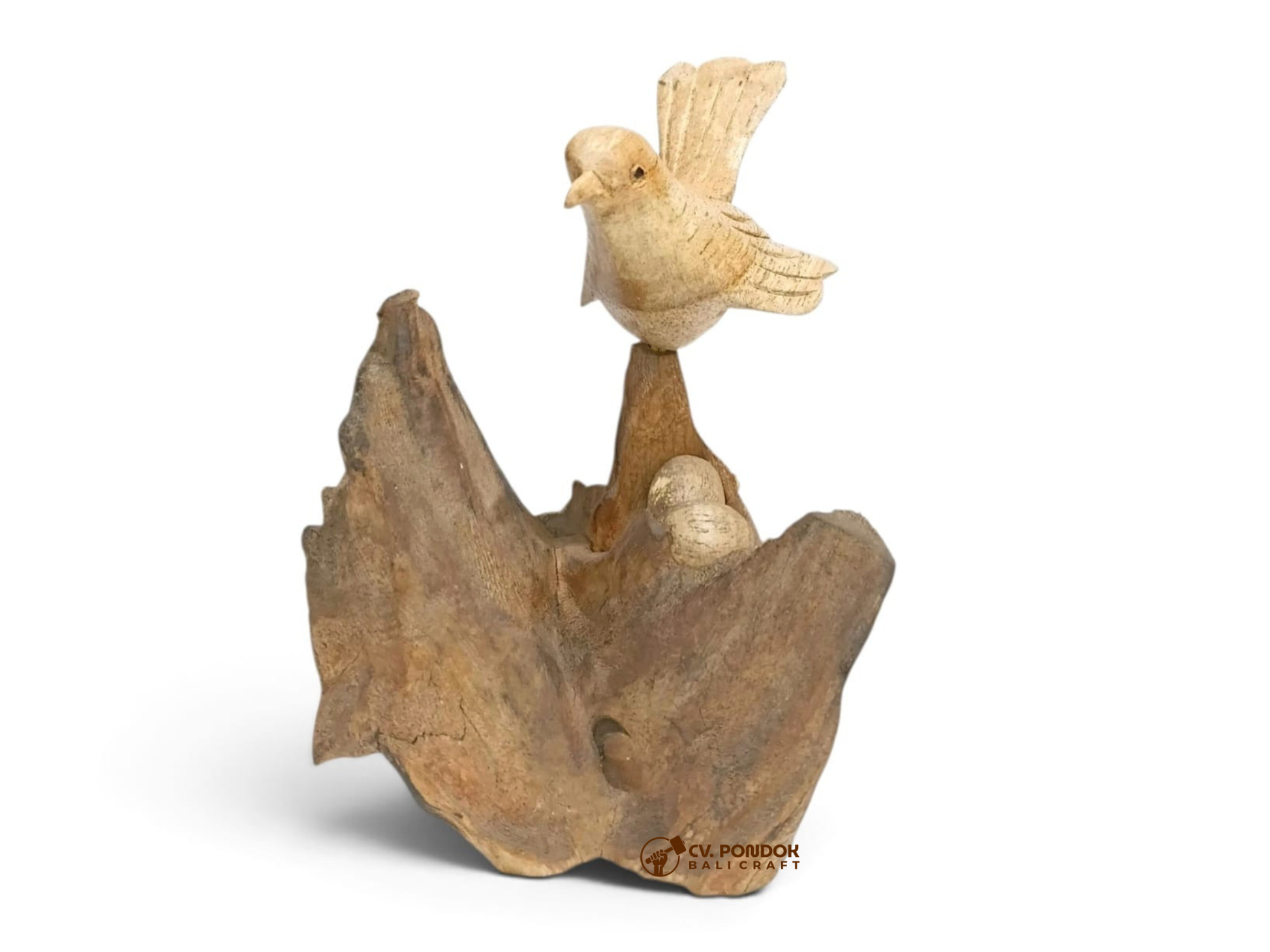 Hand-carved wooden bird perched above a nest with three eggs on a naturally shaped rootwood base