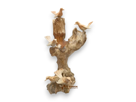 Hand-carved wooden bird family with five birds, nest and eggs on rootwood, minimum 23 cm tall