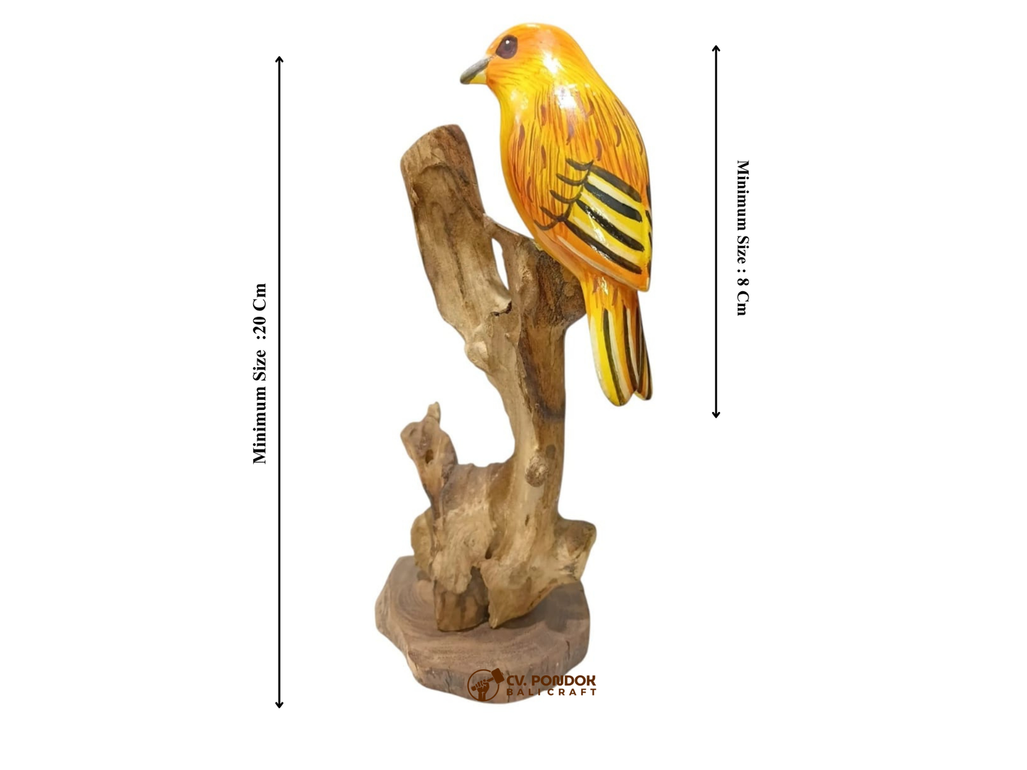 Hand Painted Yellow Wooden Bird on Natural Rootwood Sculpture