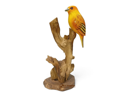Hand-painted yellow wooden songbird perched on a naturally shaped rootwood branch with a solid wooden base