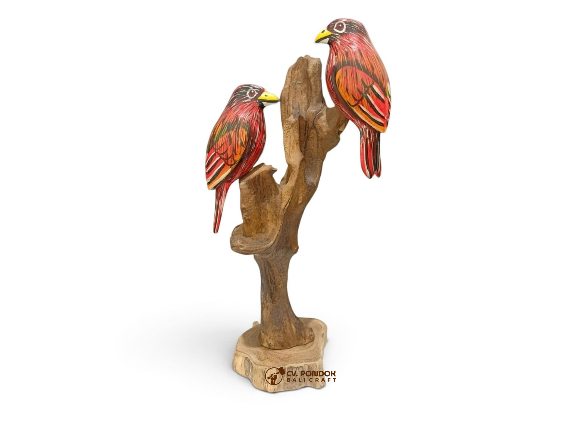 Two hand-painted red wooden songbirds perched at different heights on a naturally shaped rootwood trunk
