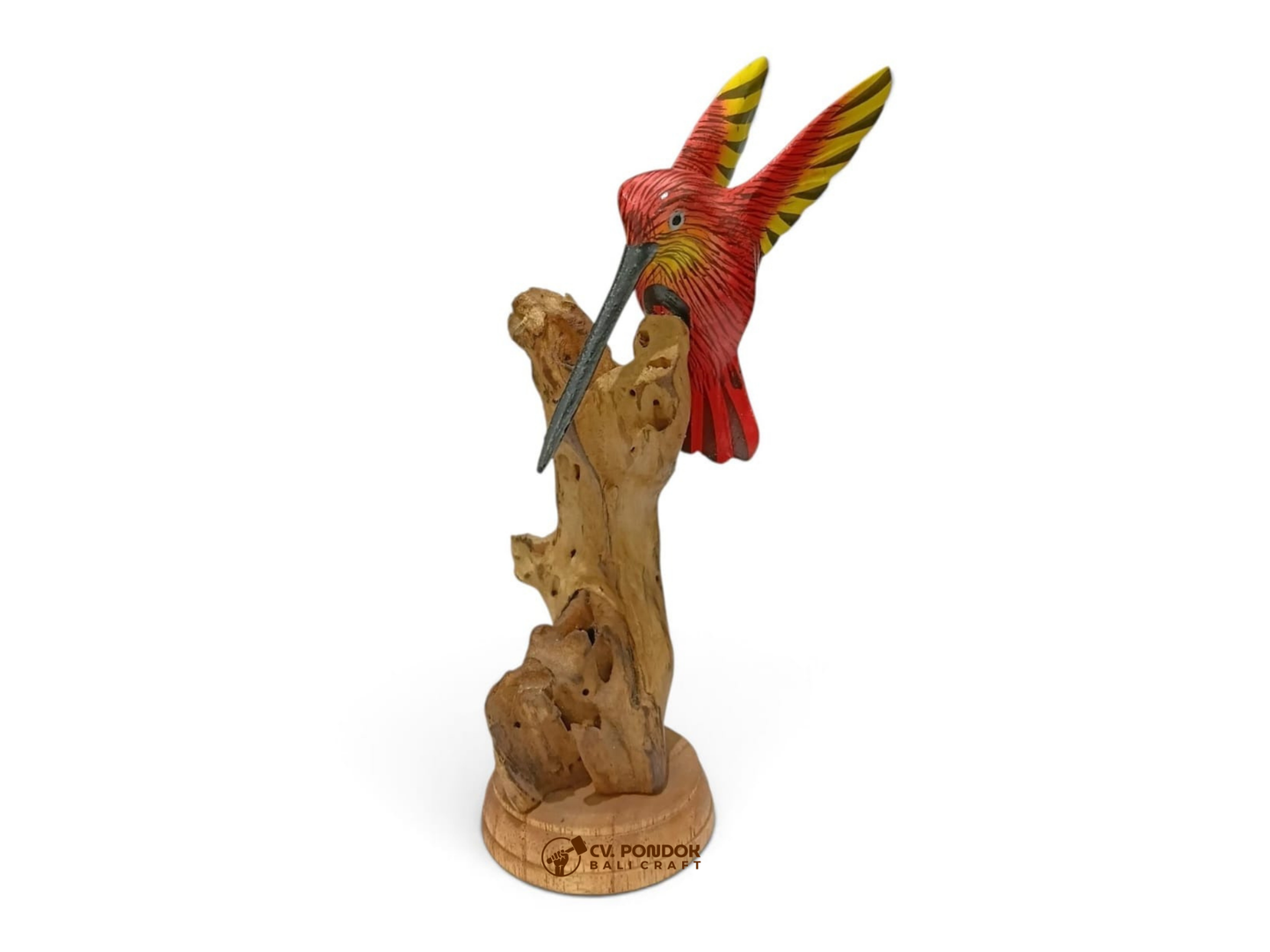 Hand-painted red wooden hummingbird with raised wings and a long beak displayed on natural rootwood