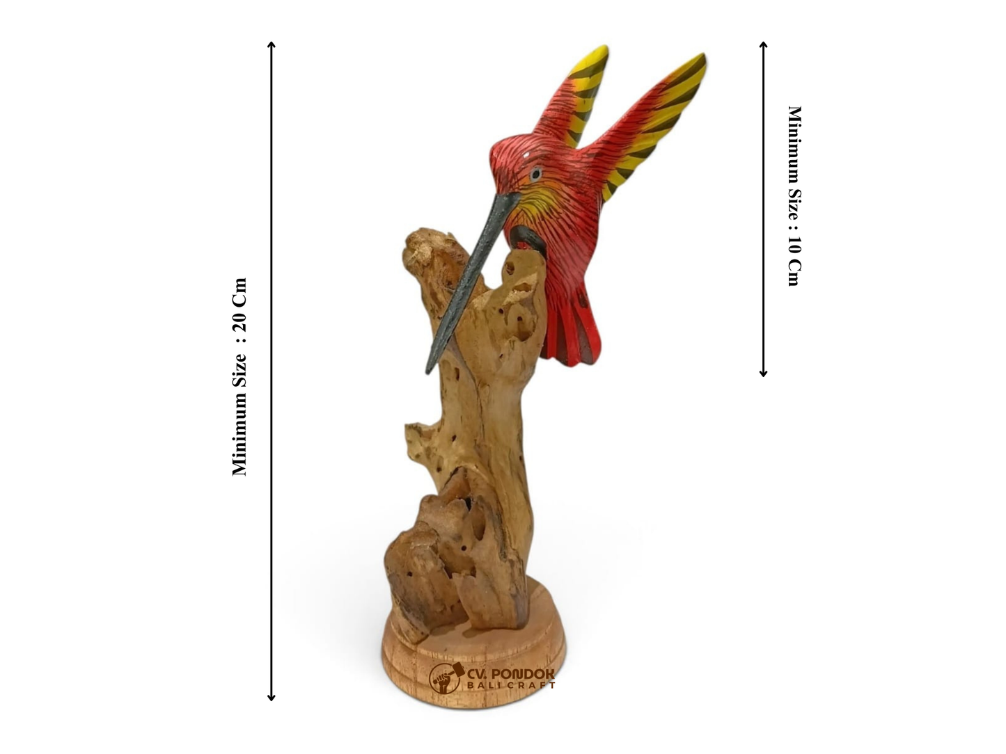 Hand Painted Red Wooden Hummingbird on Natural Rootwood Sculpture