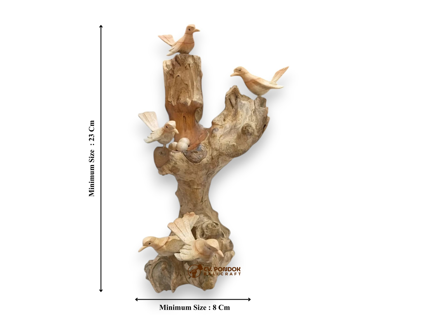 Hand Carved Wooden Bird Family with Nest and Eggs Sculpture
