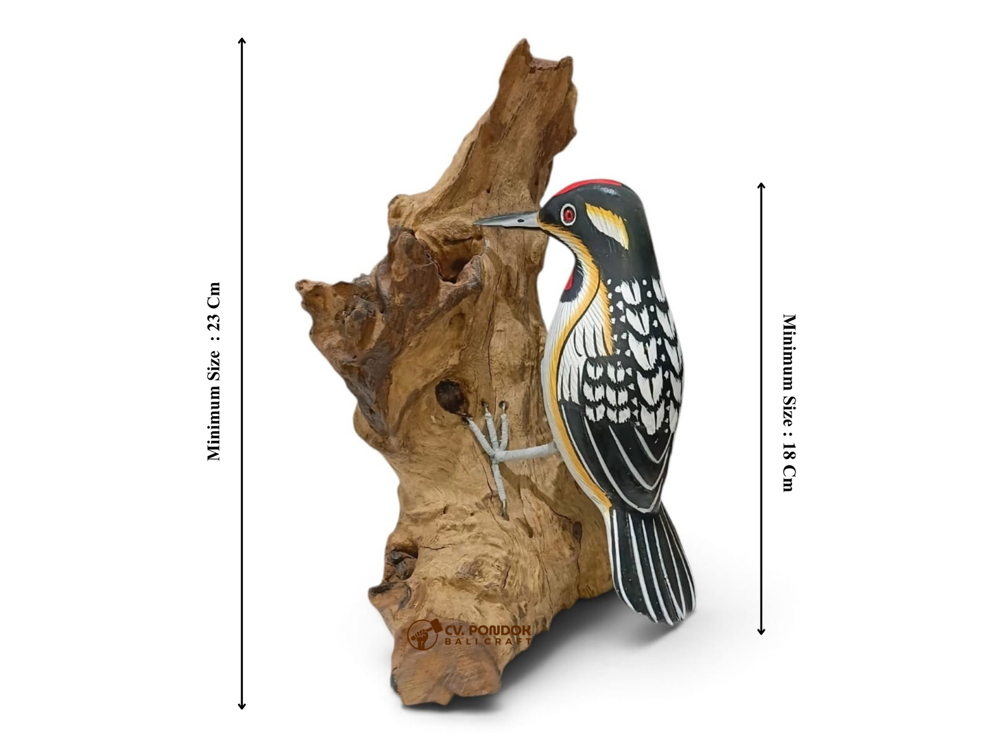 Hand Painted Black and White Wooden Woodpecker on Rootwood Sculpture