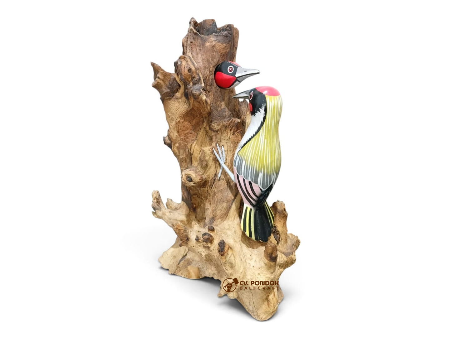 Hand-painted adult wooden woodpecker feeding a chick inside a natural rootwood tree nest