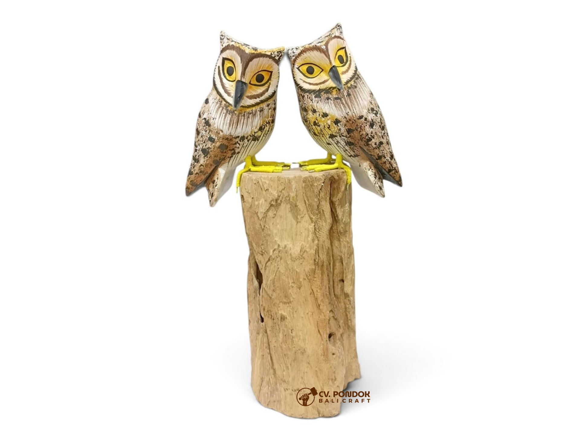 Two hand-painted brown wooden owls perched closely together on top of a tall natural rootwood trunk