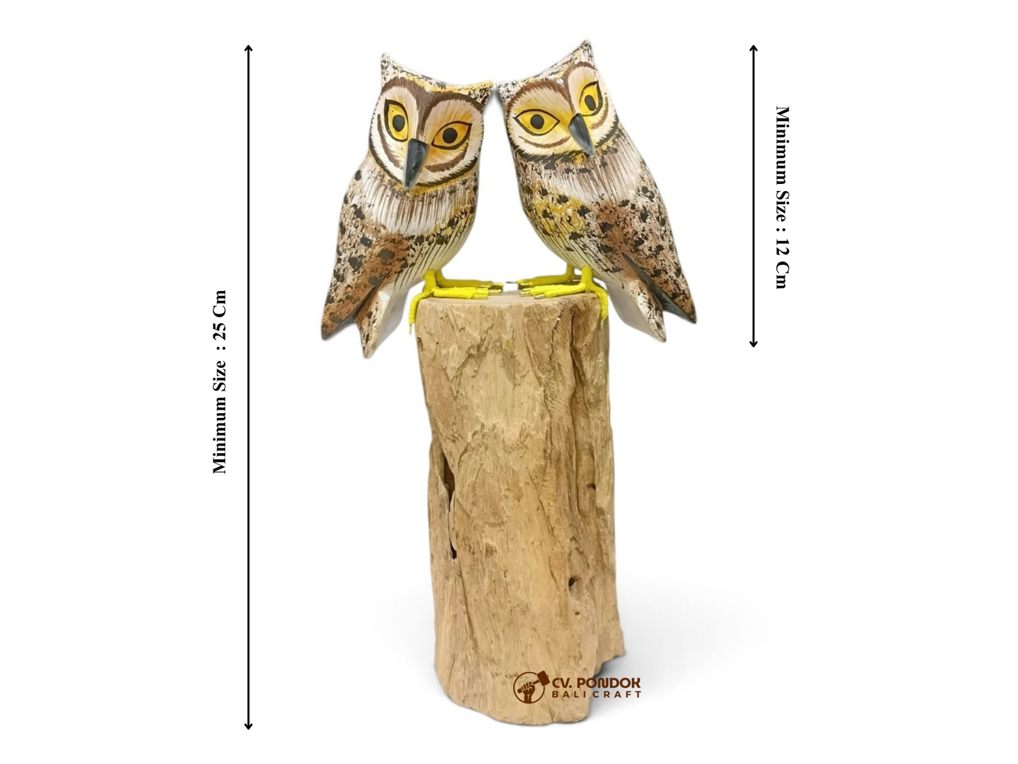 Hand Painted Brown Wooden Owl Couple on Tall Rootwood Sculpture