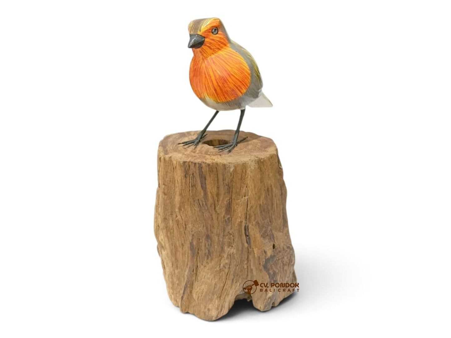Hand-painted wooden robin with a bright orange breast standing on a natural tree stump