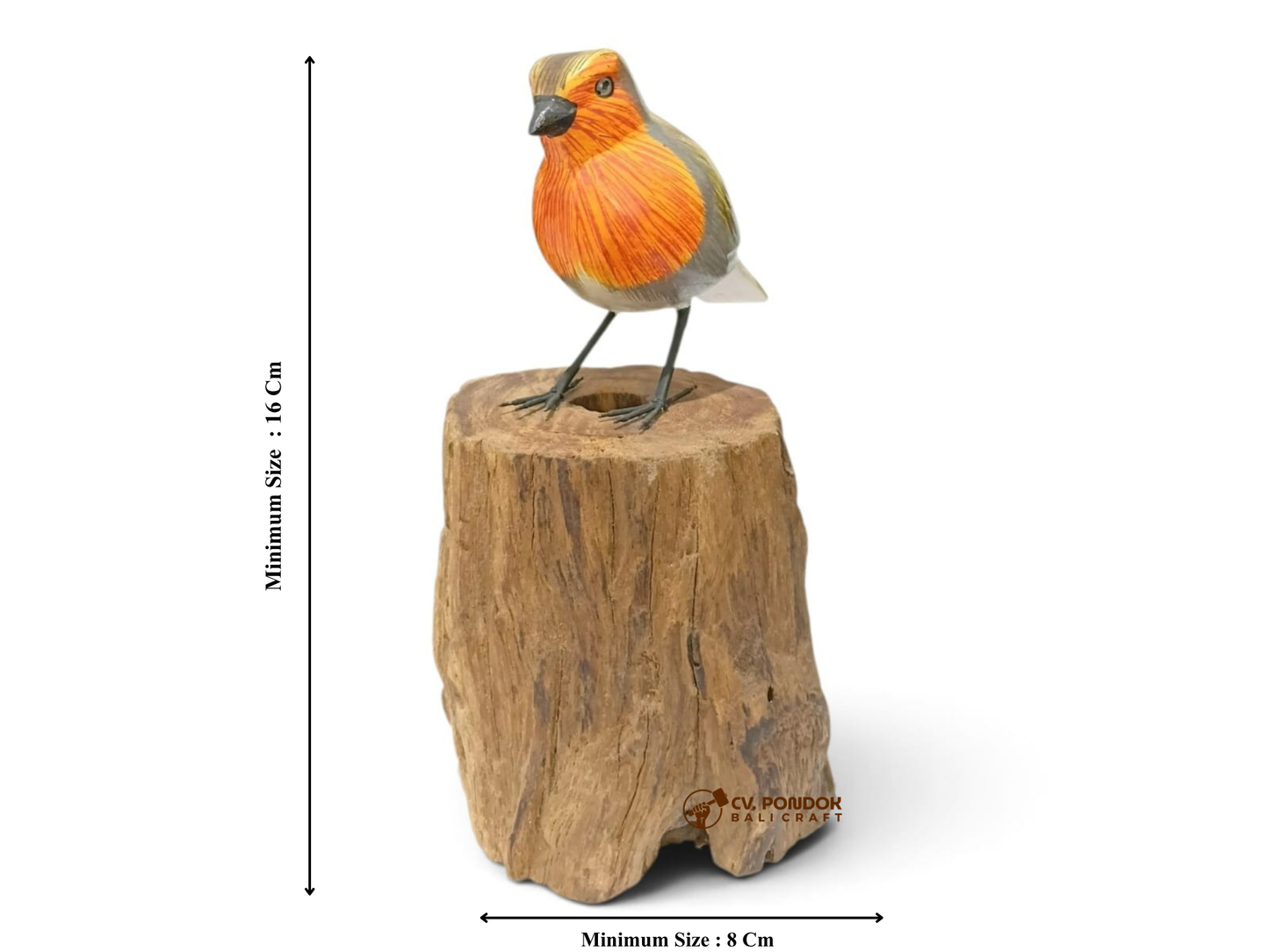 Hand Painted Wooden Robin Bird on Natural Tree Stump Sculpture
