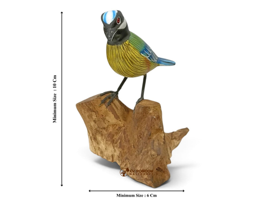 Hand Painted Wooden Blue Tit Bird on Natural Rootwood Sculpture