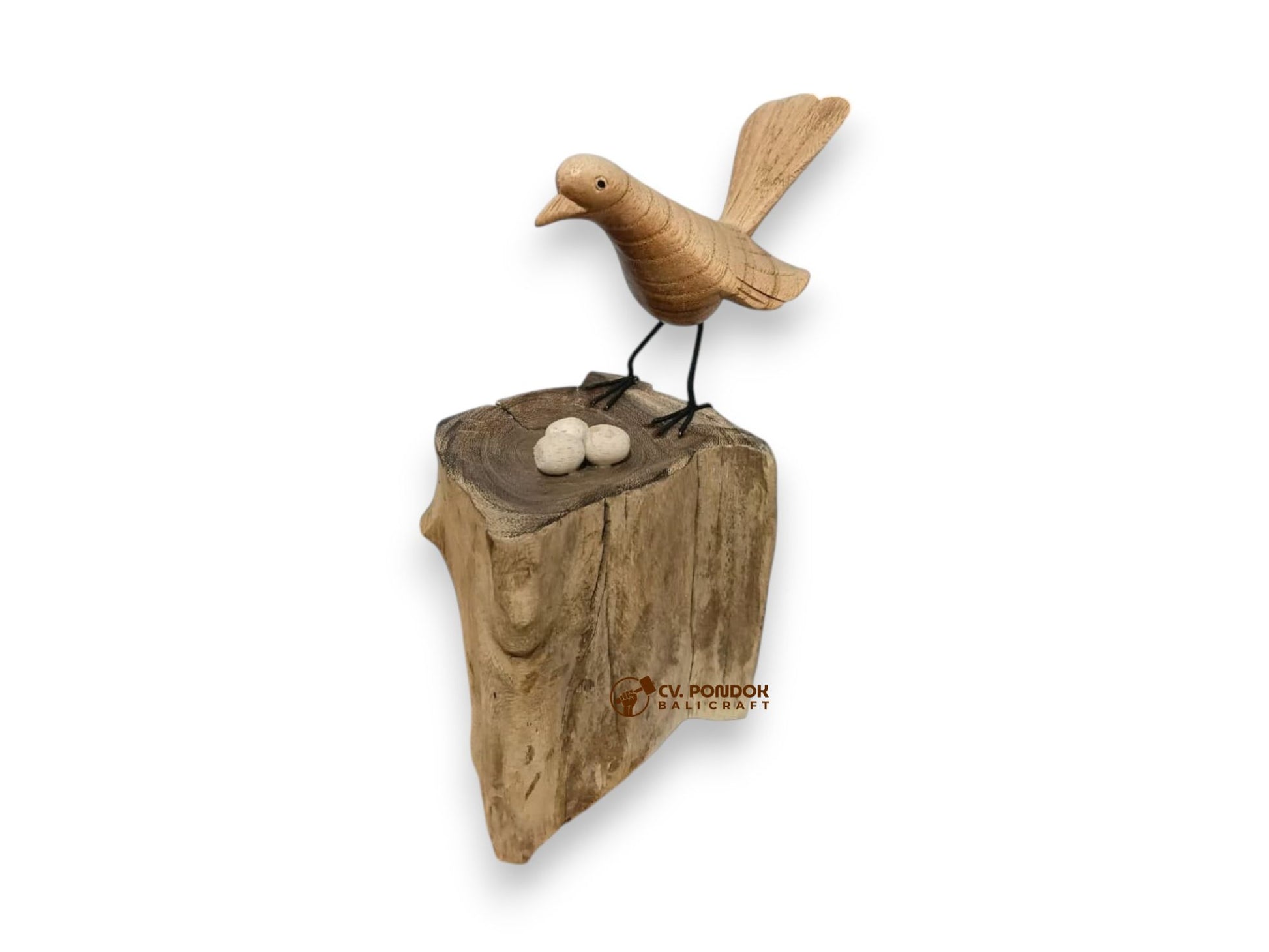 Hand-carved wooden bird with three eggs on driftwood base, minimum 18 cm tall