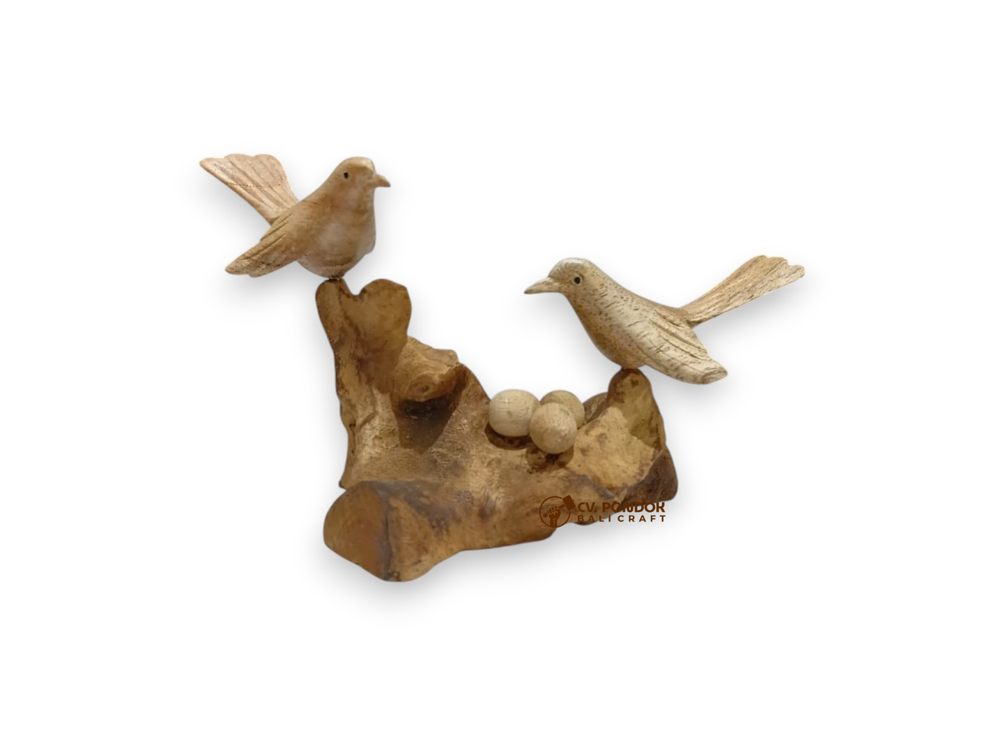 Hand-carved wooden bird couple with three eggs on rootwood, minimum 8 cm wide