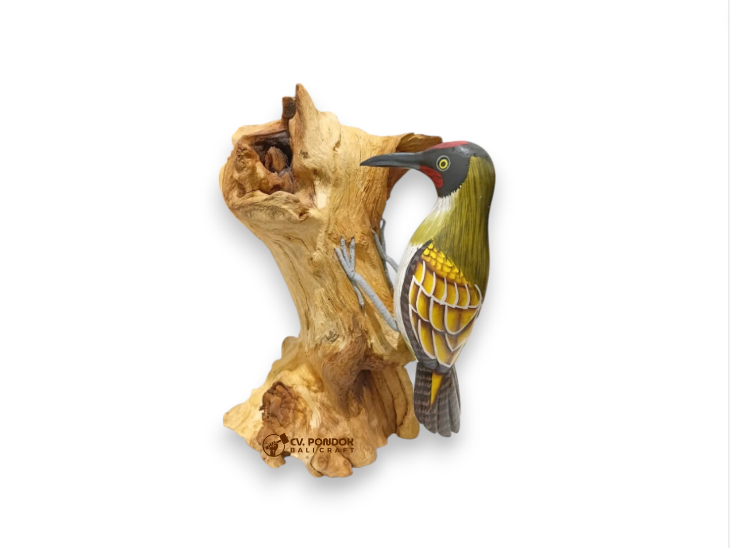 Hand-painted green and yellow wooden woodpecker with a red crown clinging to natural rootwood