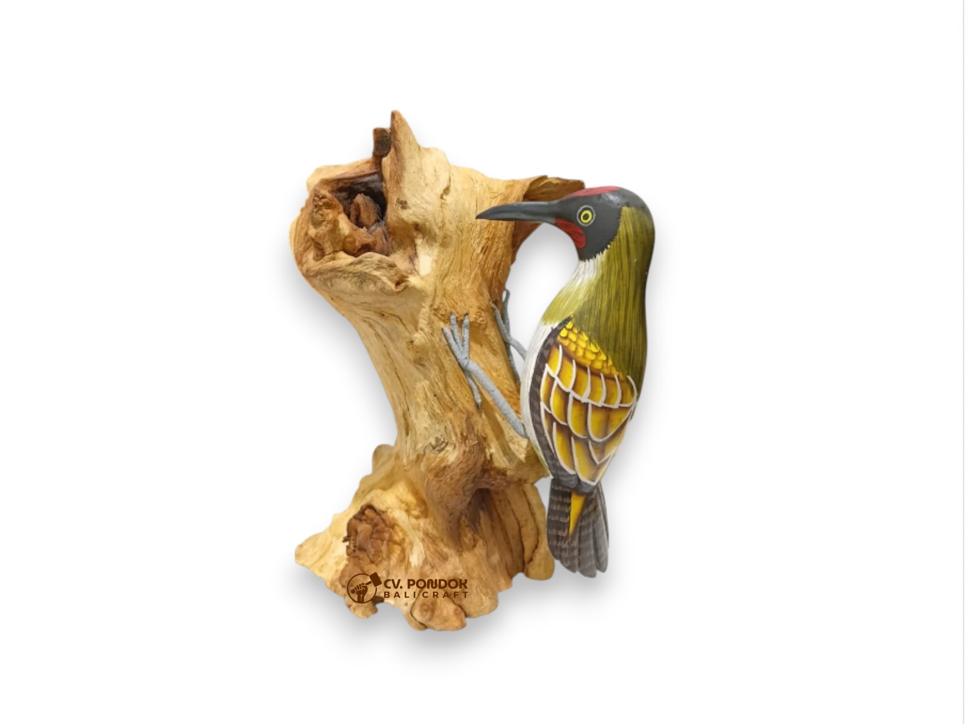 Hand-painted green and yellow wooden woodpecker with a red crown clinging to natural rootwood