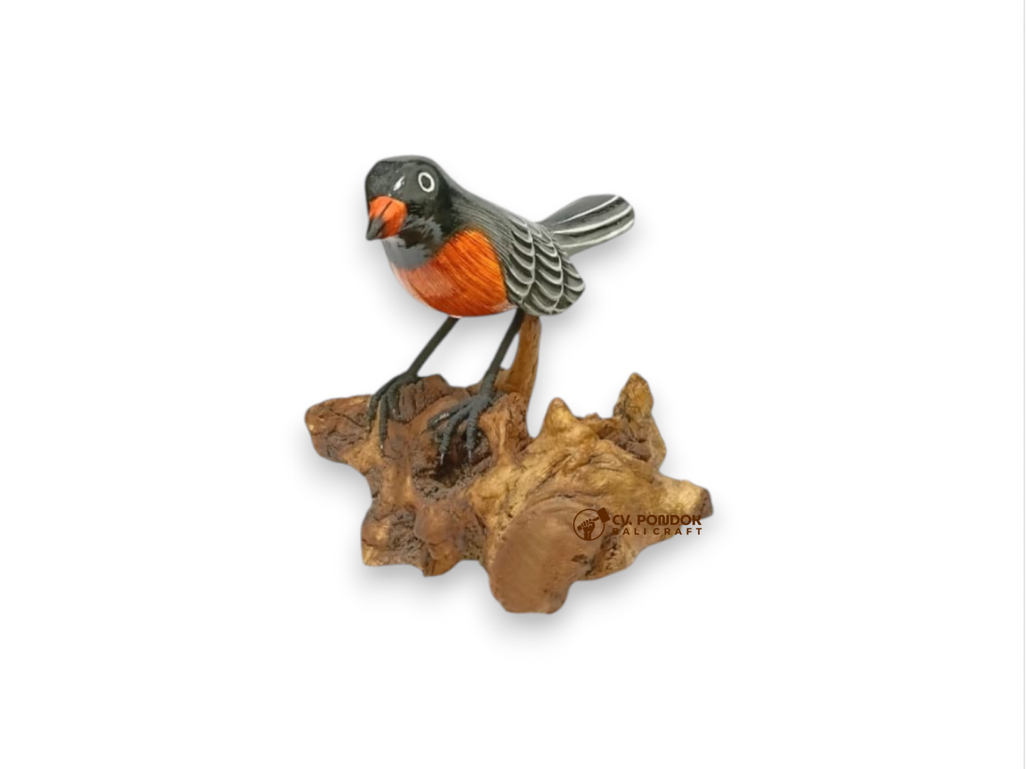 Hand-painted black wooden songbird with a bright orange breast standing on a natural rootwood base