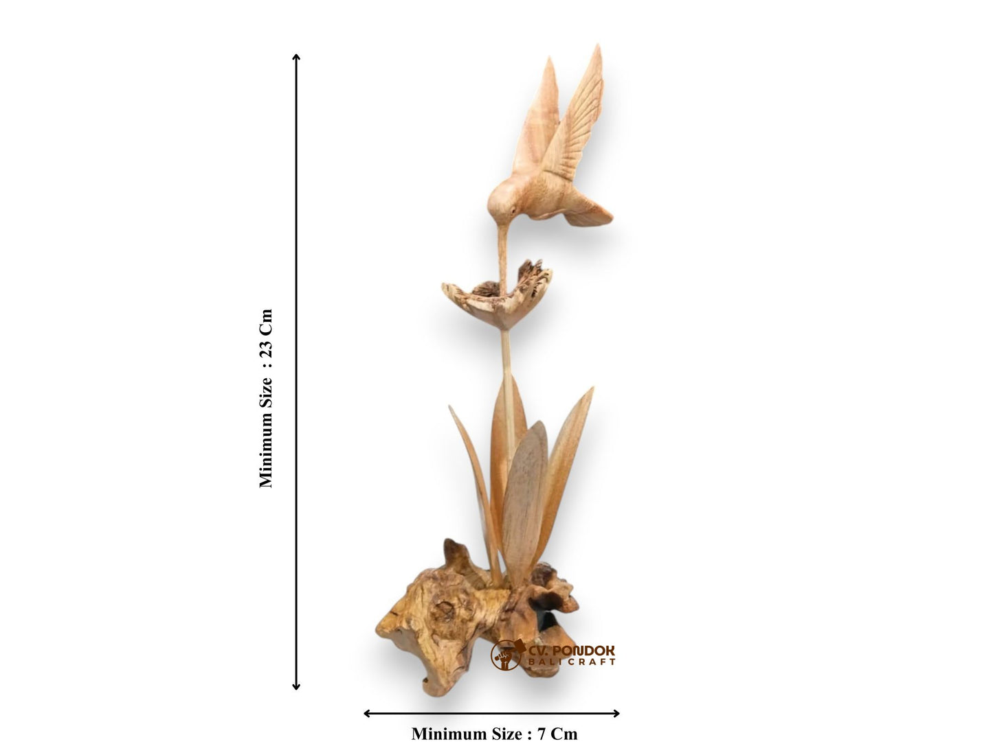 Hand Carved Wooden Hummingbird Feeding Flower Sculpture